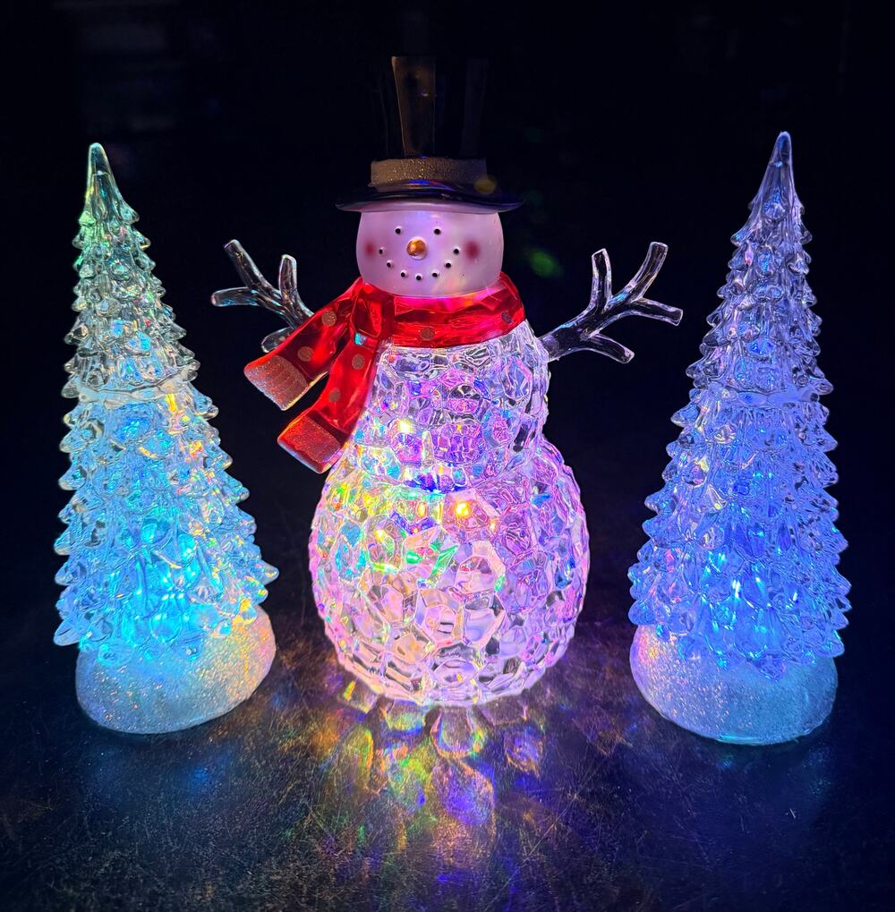 Multicolor LED Clear Acrylic 8.5” Snowman & 2 Color Changing Christmas Trees